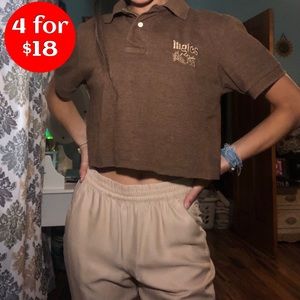 Brown Cropped Collared Raw Hem Top